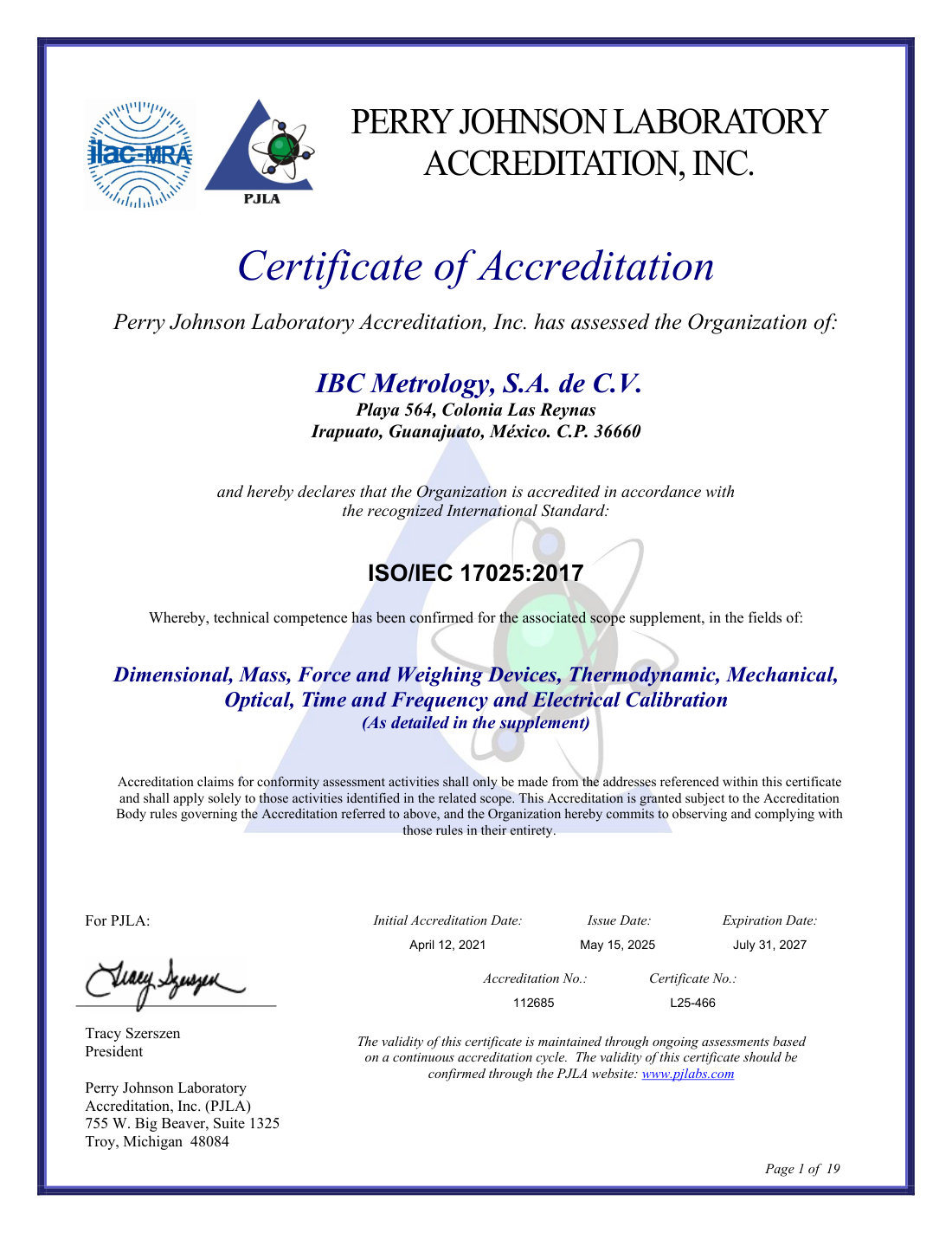 Certificado de Acreditación ISO/IEC 17025:2017 No. 112685 otorgado por PJLA a IBC Metrology, S.A. de C.V.